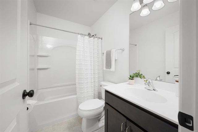 full bathroom with shower / bathtub combination with curtain, vanity, and toilet