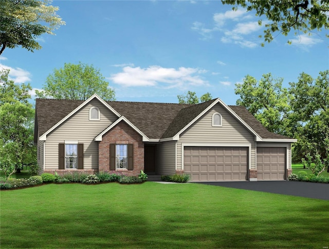 ranch-style house with aphalt driveway, a garage, brick siding, a shingled roof, and a front lawn