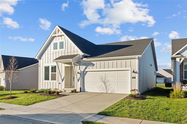 modern farmhouse with a garage, cooling unit, and a front lawn