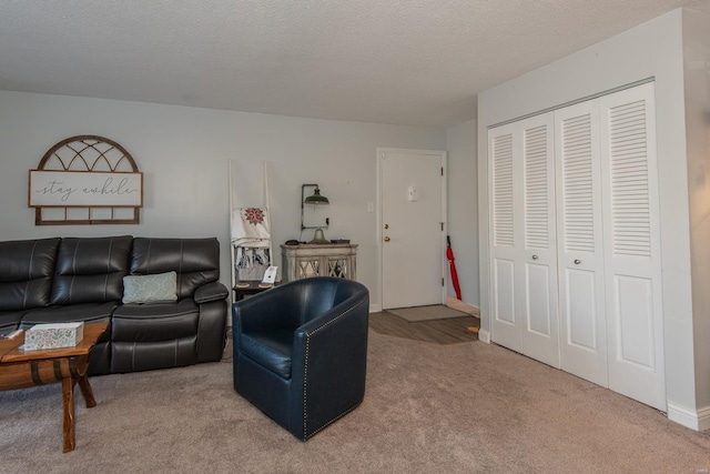 carpeted living room with a textured ceiling