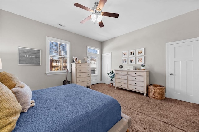 bedroom with carpet flooring and ceiling fan