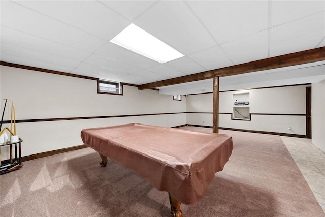 playroom featuring a paneled ceiling and light colored carpet