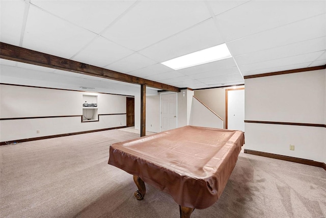 game room featuring billiards, light carpet, and a drop ceiling