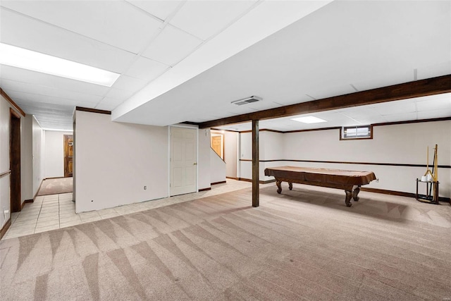 game room featuring light carpet, pool table, and a drop ceiling