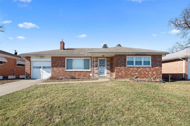 ranch-style home featuring a garage, brick siding, a chimney, and a front lawn