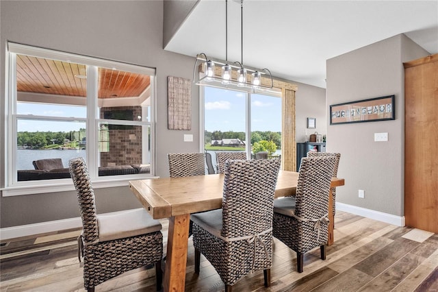 dining room with a water view and hardwood / wood-style floors