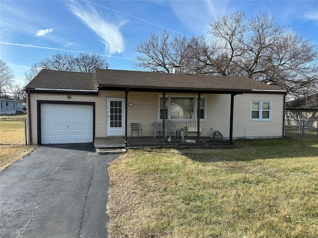 ranch-style home with a porch, a garage, and a front yard