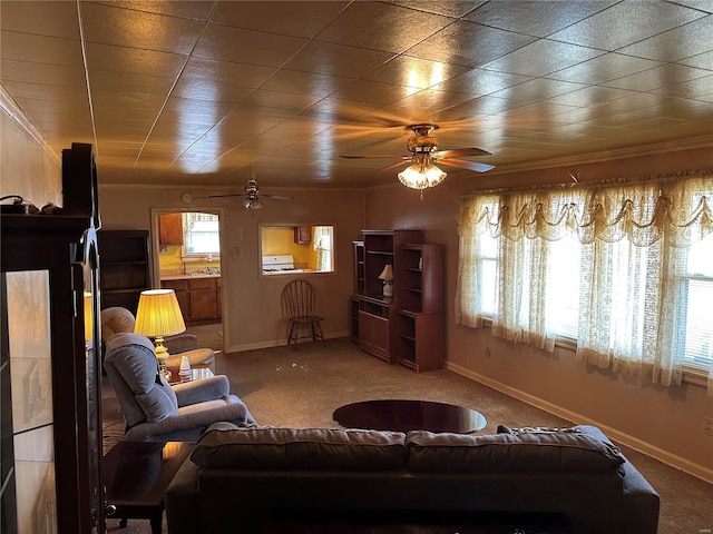 living room with ceiling fan and carpet flooring