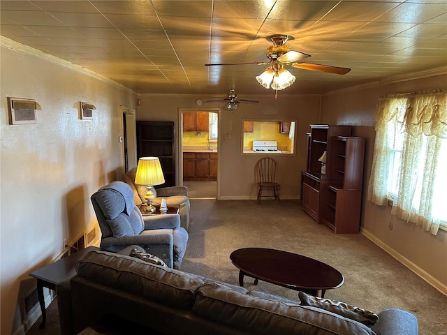 carpeted living room with ceiling fan and ornamental molding