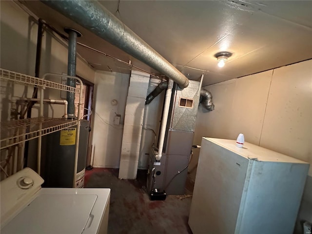 utility room with water heater, washer / dryer, and heating unit