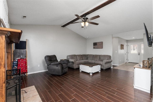 living room with vaulted ceiling with beams and ceiling fan