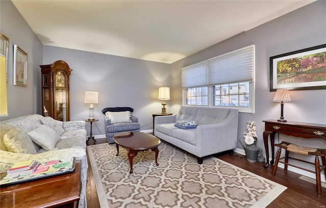 living room with dark hardwood / wood-style flooring