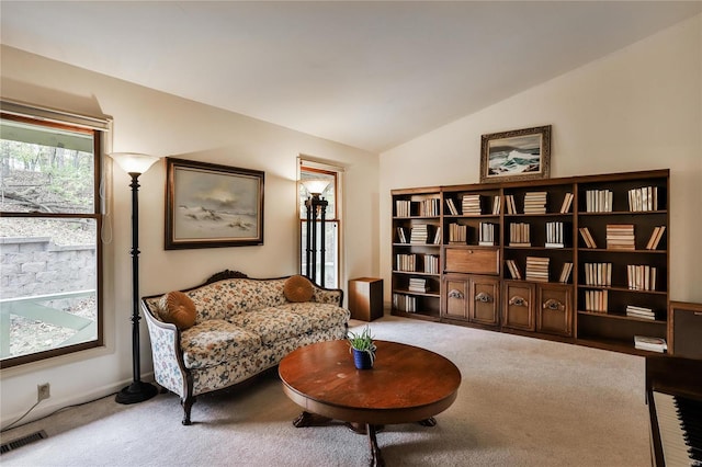 sitting room featuring lofted ceiling and carpet floors