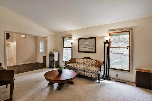 living area featuring lofted ceiling, plenty of natural light, and carpet