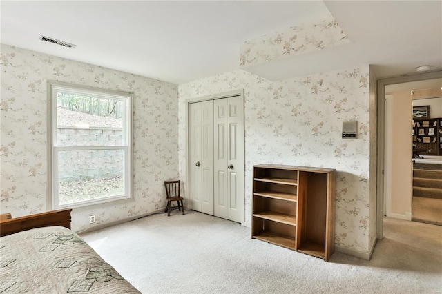 unfurnished bedroom featuring carpet floors and a closet