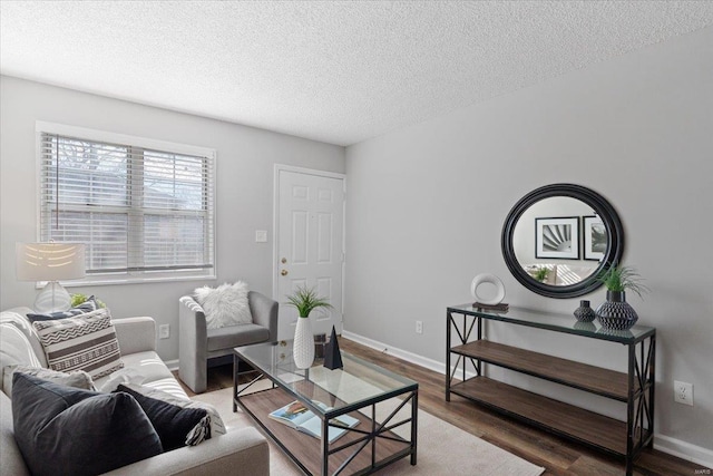 living room with hardwood / wood-style floors and a textured ceiling