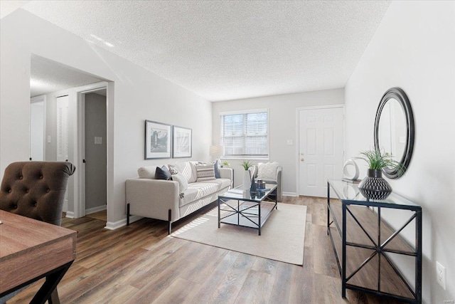 living room with wood-type flooring and a textured ceiling