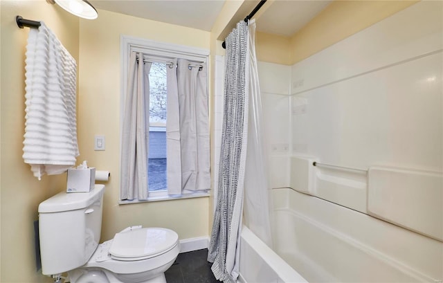 bathroom with shower / tub combo with curtain, toilet, and tile patterned flooring