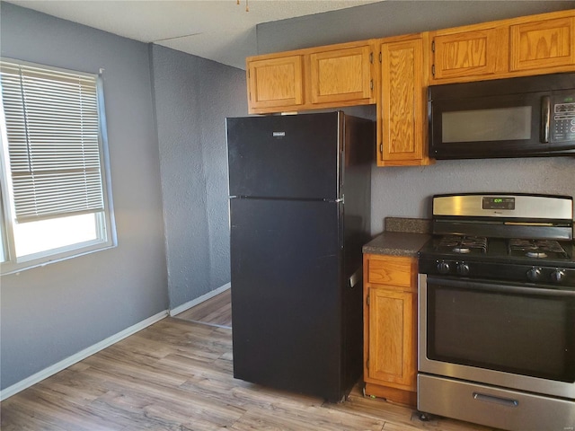 kitchen featuring light hardwood / wood-style floors and black appliances