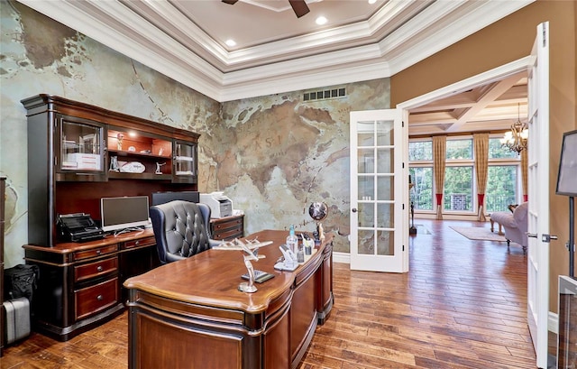 office space featuring french doors, ceiling fan, coffered ceiling, and hardwood / wood-style floors