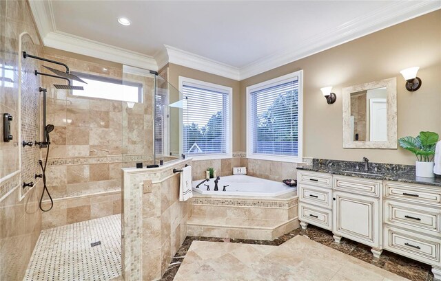 bathroom with vanity, crown molding, and plus walk in shower