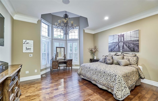 bedroom with an inviting chandelier, ornamental molding, and wood-type flooring