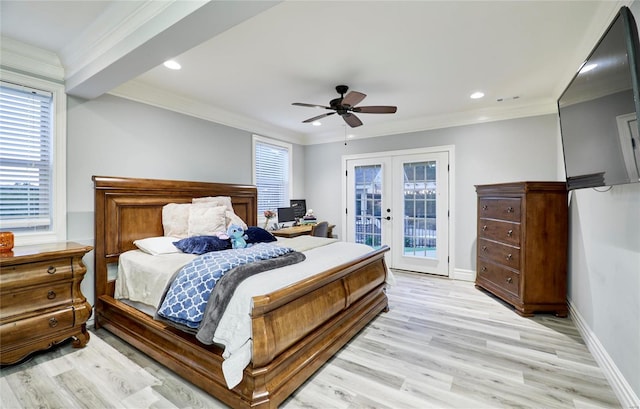 bedroom with french doors, crown molding, light hardwood / wood-style flooring, access to exterior, and multiple windows