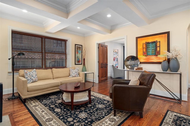 living room with wood-type flooring, ornamental molding, and beam ceiling