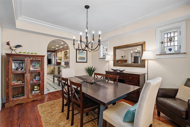 dining area featuring ornamental molding, dark hardwood / wood-style floors, and a raised ceiling