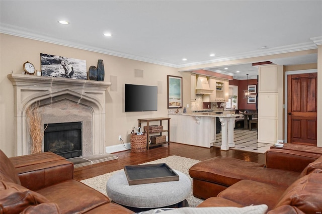 living room with dark hardwood / wood-style floors, ornamental molding, and a fireplace