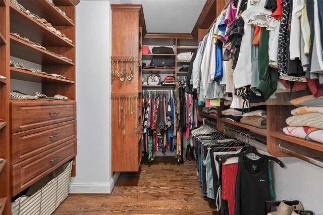 walk in closet with dark wood-type flooring