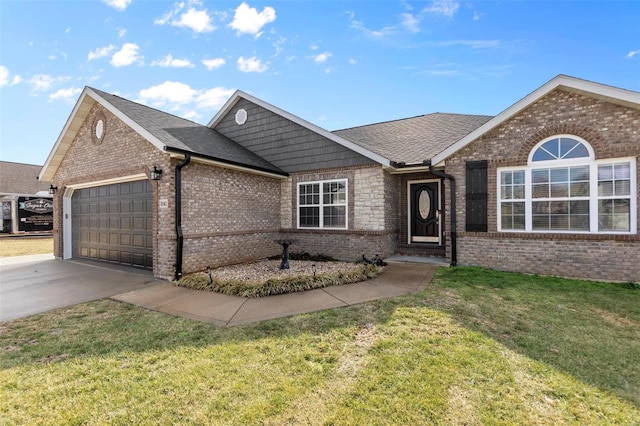 ranch-style home with a garage and a front lawn