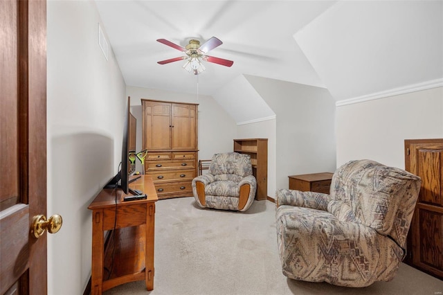 sitting room featuring lofted ceiling, carpet floors, and ceiling fan