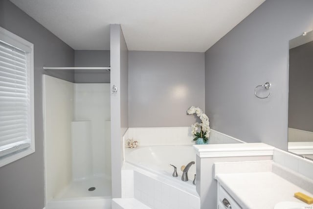 bathroom featuring vanity and plus walk in shower