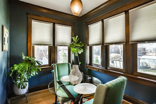 sitting room with baseboards and wood finished floors