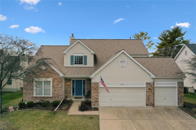 traditional-style home with a garage, a shingled roof, brick siding, concrete driveway, and a front yard