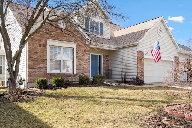 view of front of property with an attached garage, brick siding, a front lawn, and roof with shingles