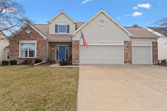 traditional home featuring roof with shingles, brick siding, a garage, driveway, and a front lawn