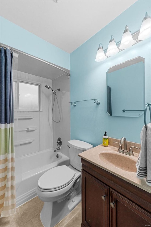 full bathroom featuring tile patterned flooring, vanity, shower / bathtub combination with curtain, and toilet