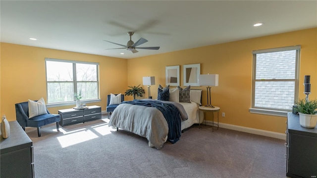 bedroom with baseboards, ceiling fan, carpet flooring, and recessed lighting