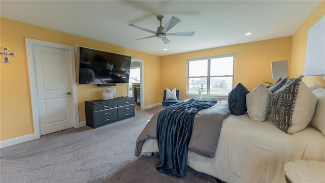 bedroom featuring carpet floors, recessed lighting, baseboards, and ceiling fan