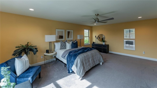 bedroom with a ceiling fan, baseboards, recessed lighting, and carpet