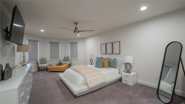 bedroom with dark carpet, recessed lighting, baseboards, and a ceiling fan