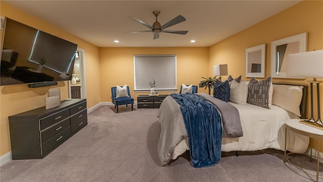 bedroom featuring carpet floors, baseboards, recessed lighting, and ceiling fan