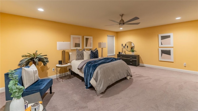 bedroom featuring carpet floors, baseboards, recessed lighting, and ceiling fan