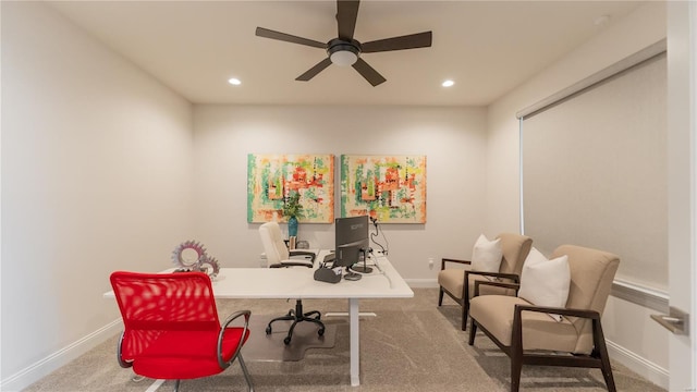 office with recessed lighting, a ceiling fan, baseboards, and carpet floors