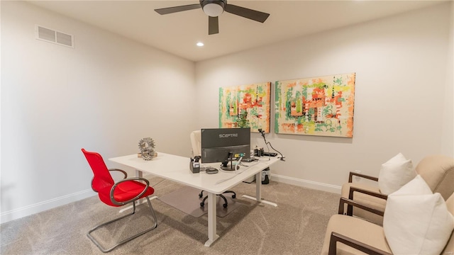 office area featuring visible vents, carpet flooring, baseboards, recessed lighting, and a ceiling fan