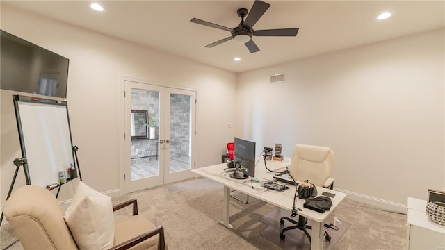 carpeted office with a ceiling fan, french doors, recessed lighting, and visible vents