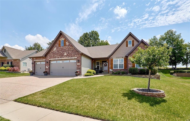 craftsman house featuring a garage and a front lawn