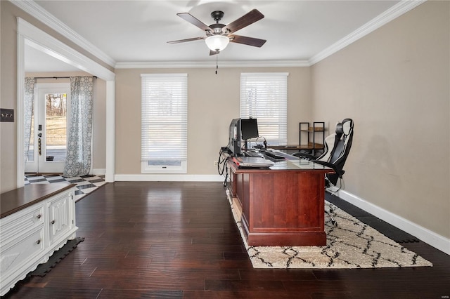 home office with crown molding, ceiling fan, and dark hardwood / wood-style flooring